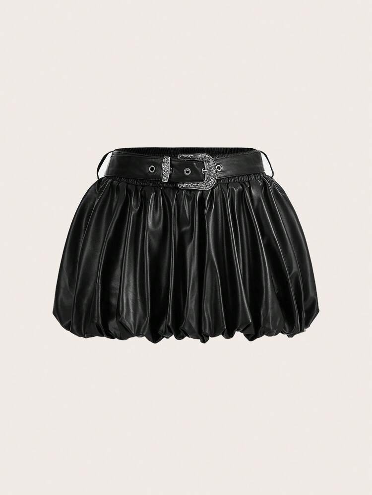 Women's Low Waisted Belt Buckle Puffy Hem Skirt