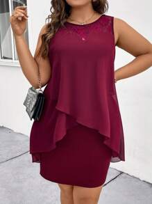 Rometta Dress Ukuran Plus Asimetris Kontras Lace Membungkus Plain Anggun - Burgundy - View 9