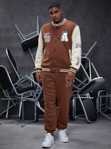 Manfinity Homme 男式大码彩色块字母图案条纹修边夹克和慢跑裤两件套 - 彩色 - 查看 1