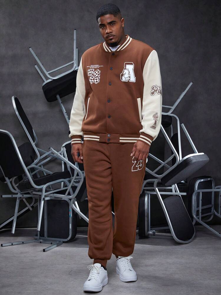 Men's Plus Size Color Block Letter Patterned Striped Trim Jacket And Jogger Pants Two Pieces Set