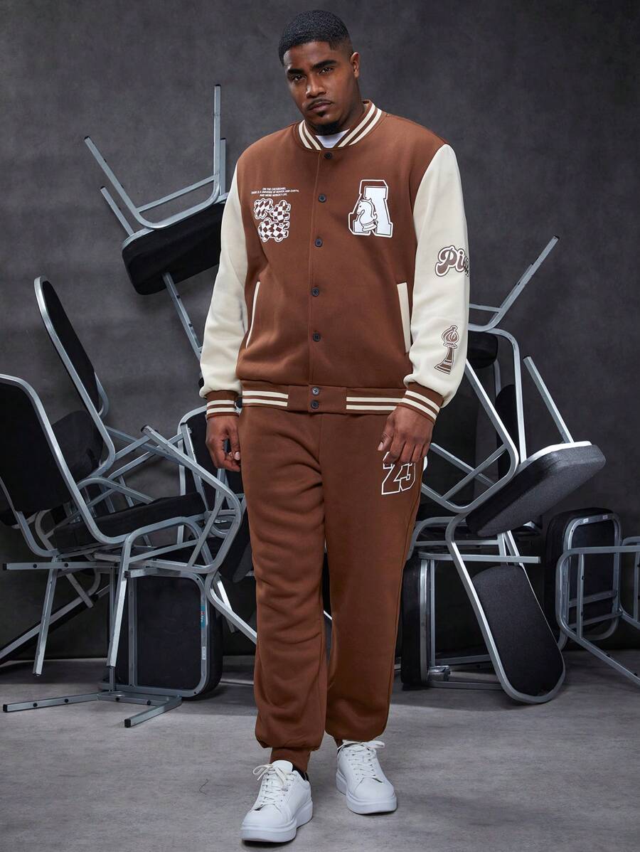 Manfinity Homme 男式大码彩色块字母图案条纹修边夹克和慢跑裤两件套 - 彩色 - 查看 1