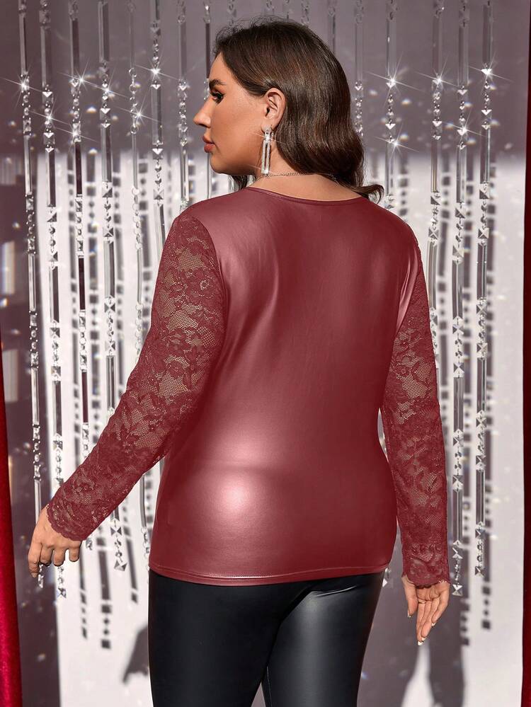 Elegant Plus Size Women's Lace Splice Long Sleeve T-Shirt