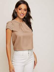 SHEIN Clasi Solid Color Pleated Hollow Out Patchwork Shirt - Camel - View 5