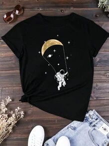 Women's Astronaut & Moon Print T-Shirt - Black - View 1