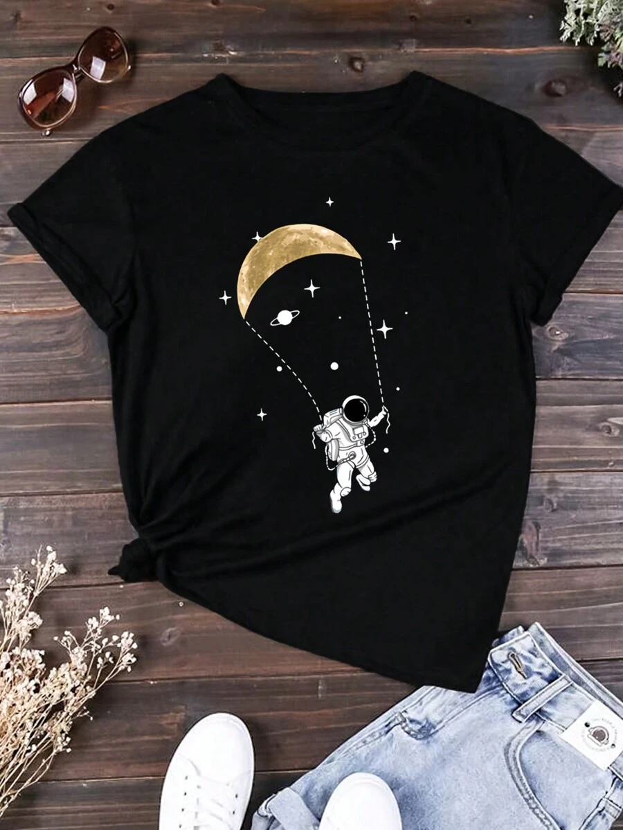 Women's Astronaut & Moon Print T-Shirt - Black - View 1