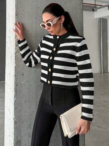 EURMUSE Women's Color-Block Striped Cropped Cardigan With Open Front - Black - View 4