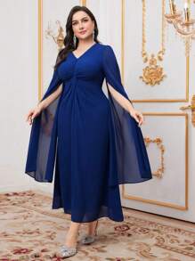 Modelyn Váy tay xoắn màu trơn cỡ lớn, Đầm dự tiệc tối thanh lịch - Màu xanh lam - Xem 3