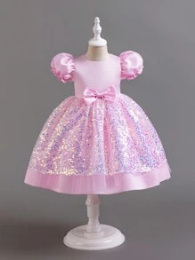 Vestido De Princesa Rosa Con Lazo De Brillo Y Manga Bombacha Para Niñas Jóvenes, Ideal Para Fiesta De Cumpleaños, Boda Y Espectáculo De Vacaciones - Rosa - Ver 5