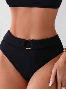 SHEIN Swim 女士純色圓環比基尼下身,嘉年華會 - 黑色 - 查看 5