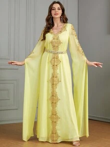 時尚長袖點綴的阿拉伯風格女裝連身裙,配腰帶 - 黃色 - 查看 3
