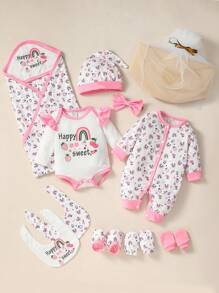 SHEIN Cute Newborn Baby Gift Set With Fruit & Rainbow Print Long Sleeve Bodysuit And Jumpsuit, Unisex Casual Style, For Spring/Summer Seasons