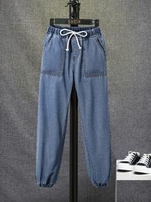 SHEIN Tween 男孩抽繩腰牛仔褲 - 中等水洗藍 - 查看 3