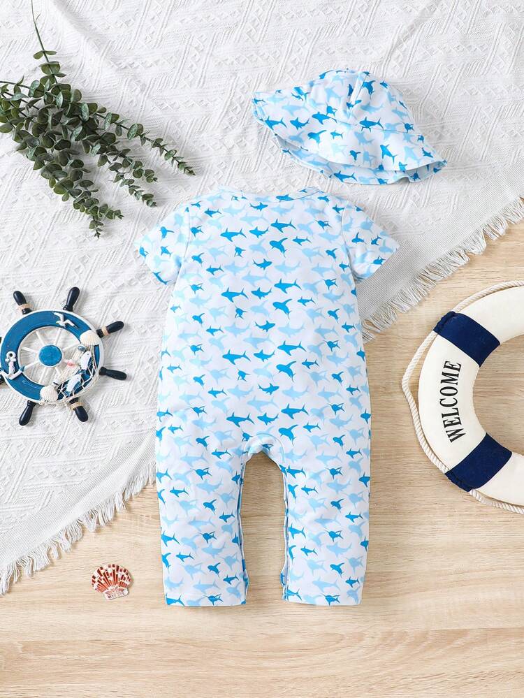 Infant Boys' Casual Shark Print Short Sleeve Jumpsuit For Daily Summer Wear