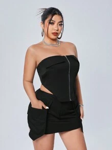 SHEIN ICON Y2K Mùa hè Kích thước lớn Của phụ nữ Dây kéo Dây buộc tóc Chi tiết Ngắn Bustier Cargo Áo Và Cargo Váy bodycon Đen Hai chiếc Bộ - màu đen - Xem 5