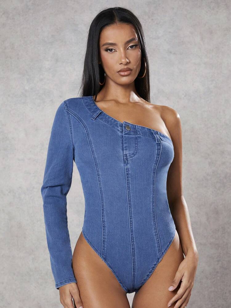 Blue Denim One Shoulder Long Sleeve Jumpsuit