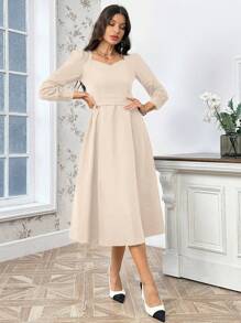 SHEIN Privé Ladies' Casual Solid Color Dress With Sweetheart Neckline - Apricot - View 5