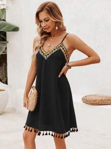 SHEIN VCAY Vacation Geometric Weave Strap Splicing Fringed Hem Cami Summer Beach Women Dress - Black - View 3