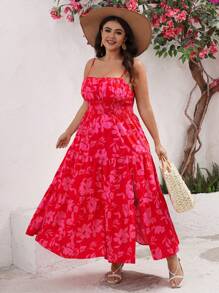 SHEIN VCAY 大尺碼女裝花卉印花細肩長裙,腰部收攏,褶邊裝飾,適合夏季 - 彩色 - 查看 2