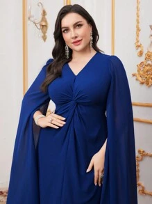 Modelyn Váy tay xoắn màu trơn cỡ lớn, Đầm dự tiệc tối thanh lịch - Màu xanh lam - Xem 5