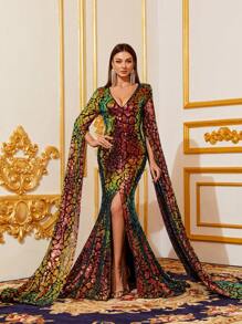 Plunging Neck Extra-Long Sleeve Sequin Formal Dress - Black - View 4