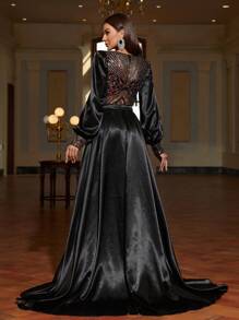 Faeriesty Plunging Neck Lantern Sleeves Sequin Formal Dress - Black - View 2
