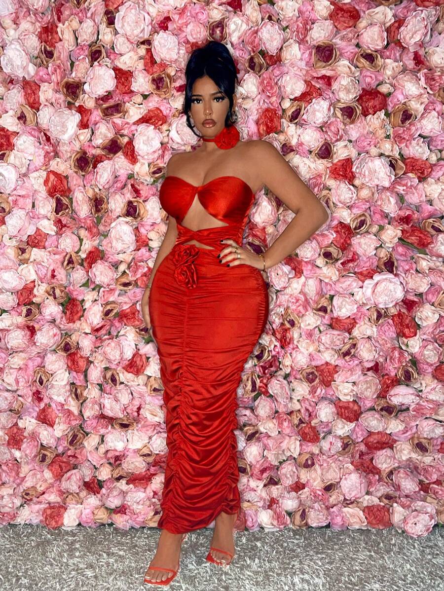 SHEIN SXY Valentine's Day Sexy Red Prom Heart  Spring  Party Date Night  Ruffle Hollow Out Women Elegant Party Strapless Pleated Floor-Length  With 3d Flower Decoration