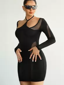 SHEIN ICON Của phụ nữ Halter Neck Lưới Đầm - màu đen - Xem 5