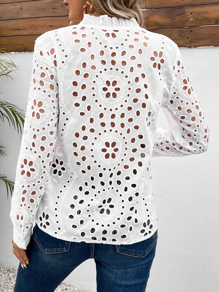 Women'S Hollow Out Embroidery Detail Notched Collar Puff Sleeve Eyelet Embroidery Shirt Winter White Casual