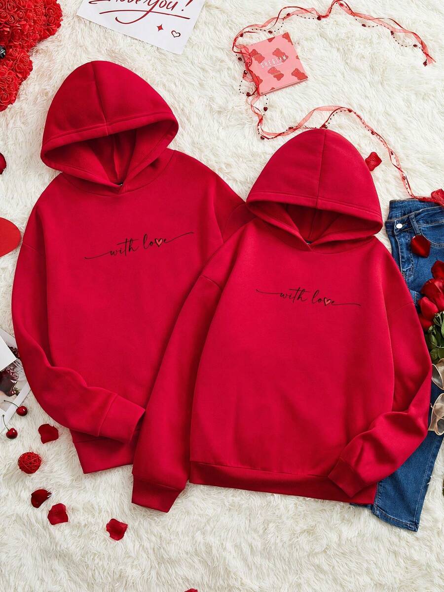 Manfinity VCAY Felpa oversize casual da uomo con stampa a cuori per San Valentino, adatta per coppie - Rosso - Visualizzare 1
