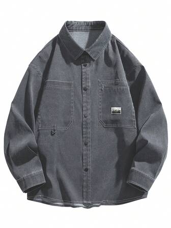 男士字母補丁細節雙口袋襯衫式夾克