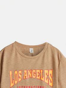 SHEIN 青少年男孩時尚休閒字母印花t恤 - 卡其色 - 查看 6