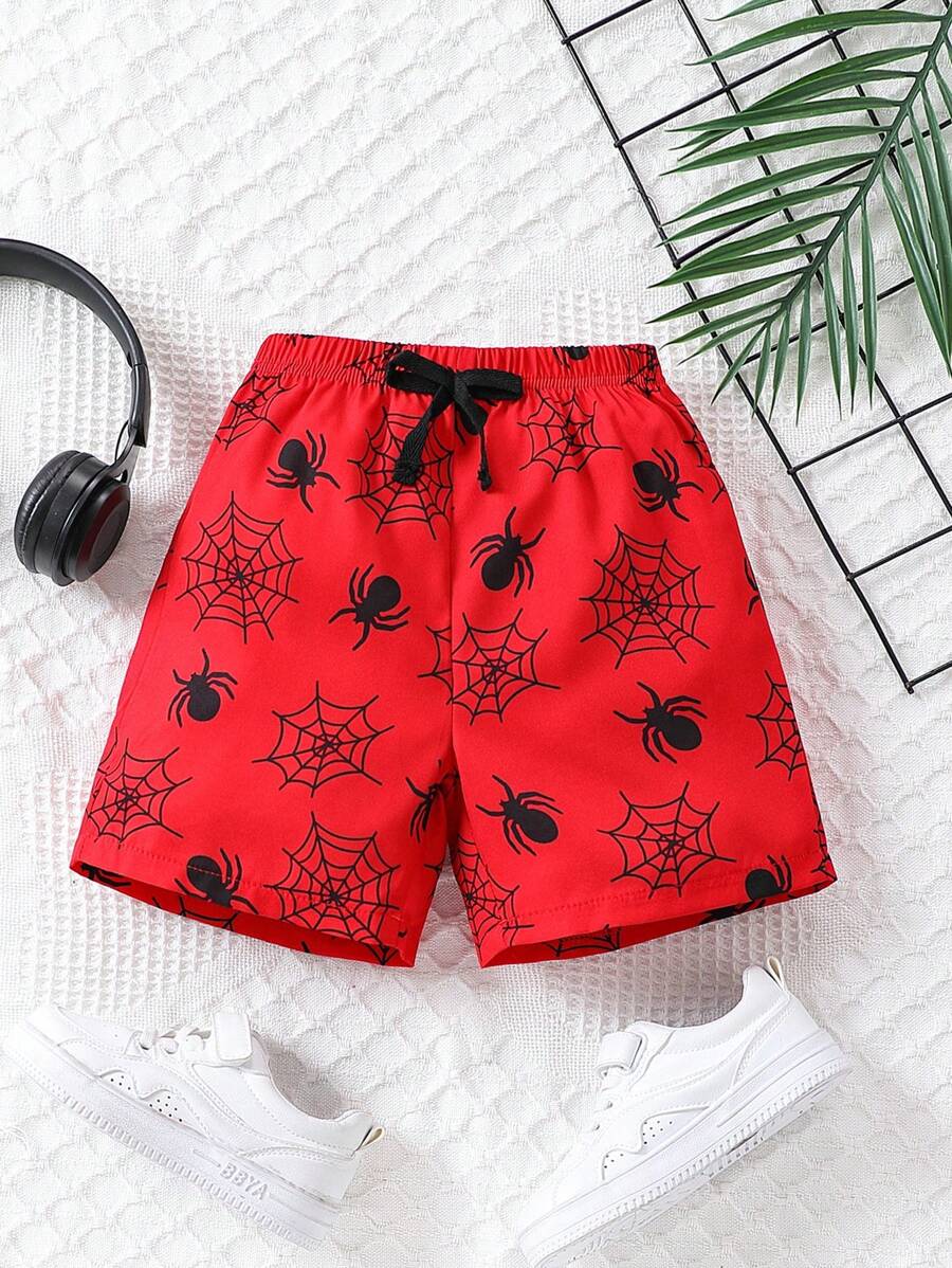 SHEIN Young Boy Spider Print Knot Waist Shorts