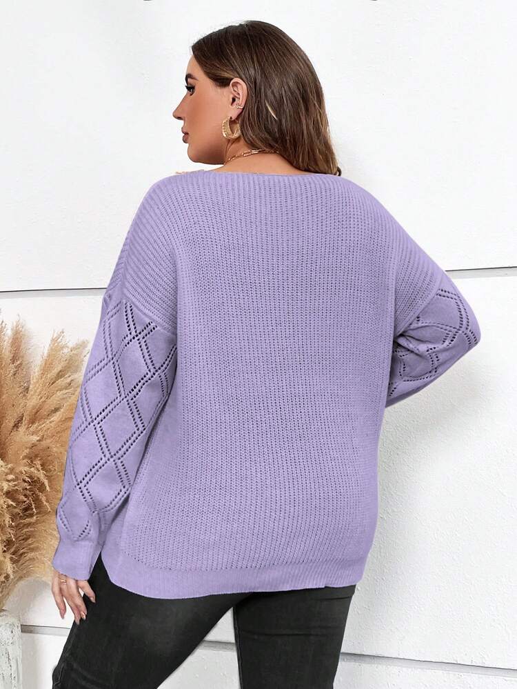 Plus Size Contrast Lace Drop Shoulder Sweater Knit Pullover Fall Winter