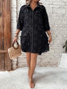 EMERY ROSE 女士大尺碼釦前開衫邊緣裝飾連衣裙 - 黑色 - 查看 4