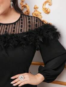 Modelyn Vestido De Manga Larga Con Cuello Redondo Y Encaje Para Mujeres Con Figura Ajustada Tallas Grandes - Negro - Ver 3