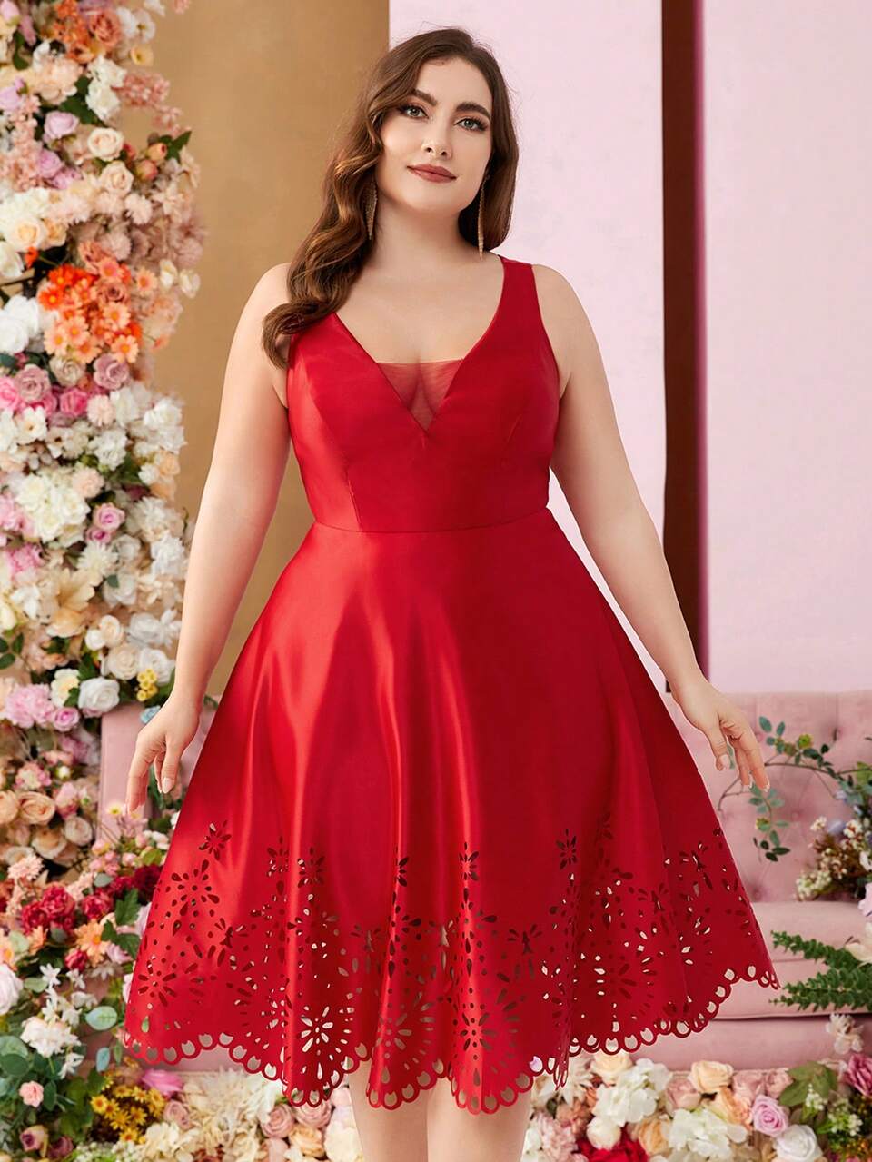 Women's Plus Size Red Satin Spring Elegant Formal Prom Dress,Baroque Hollow Lace Pattern Dark Opium BabyDoll Graduation Reception Cocktail Party