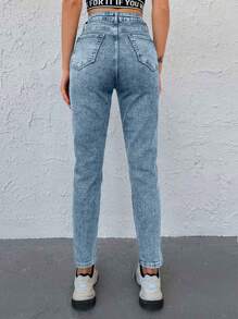 EURMUSE 女士休闲修身口袋纽扣牛仔裤 - 藍色 - 查看 2