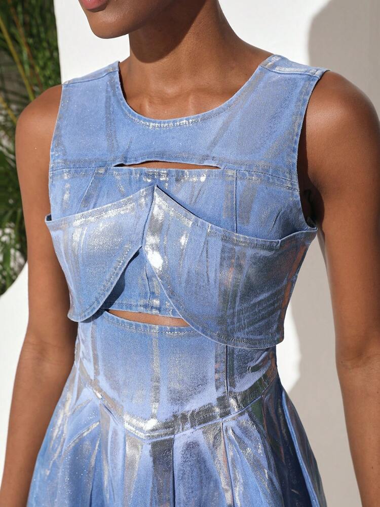 Designer Silver Metallic Elegant Cowgirl Denim Dress, Sundress With Cutout Details, For Summer, Cotton, Holiday, Party, Birthday Outfits, Festival, Wedding, Prom Dress