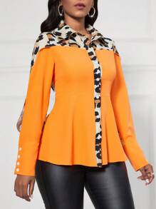 SHEIN Lady Women's Leopard Print Patchwork Long Sleeve Shirt With Split Hem - Multicolor - View 6