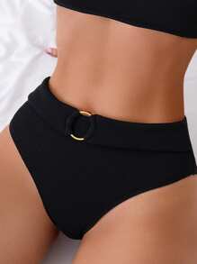 SHEIN Swim 女士純色圓環比基尼下身,嘉年華會 - 黑色 - 查看 1