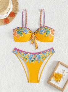 SHEIN Swim Summer Women's Full Print Cami Neck Bikini Set With Knot Music Festival - Multicolor - View 1
