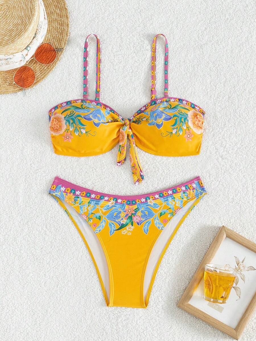 SHEIN Swim Summer Women's Full Print Cami Neck Bikini Set With Knot Music Festival - Multicolor - View 1