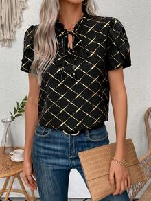 SHEIN Frenchy Của phụ nữ Cà vạt Lá sen tỉa Vàng Kẻ sọc Áo sơ mi - màu đen - Xem 5