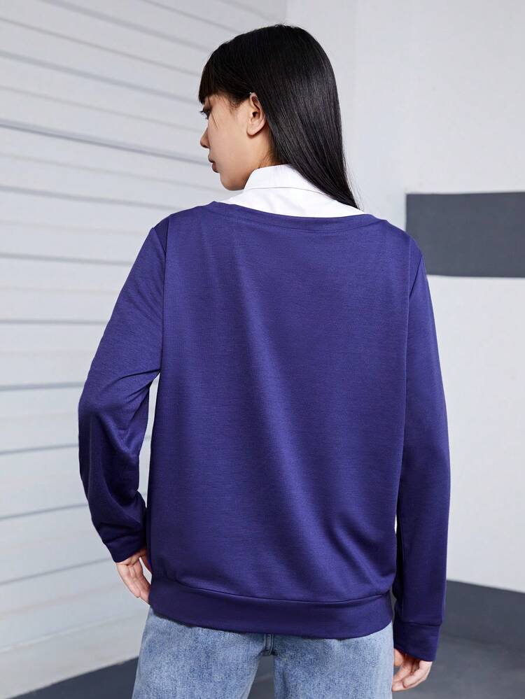 Teenage Girls' Cute Bear Patchwork Long Sleeve Polo Collar Sweatshirt