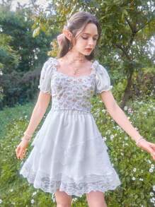 ROMWE Kawaii 花卉圖案系帶背帶吊帶 - 白色 - 查看 3