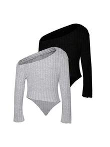 SHEIN Privé 2件/套 女式斜肩寬羅紋t卹 - 彩色 - 查看 2