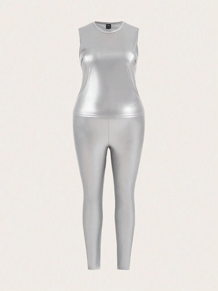 Plus Size Coated Shiny Cami Top And Leggings Set