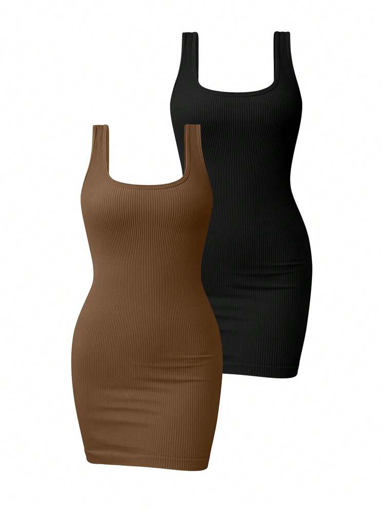 2pcs/Set Plus Size Women's Ribbed Sports Dress Set