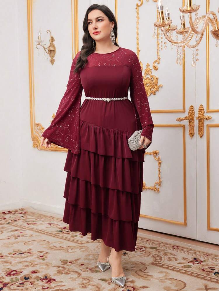 Burgundy Red Plus Size Round Neck Multi-Layered Ruffle Hem Dress With Flounced Sleeves, Belt Not Included Long Evening Dresses