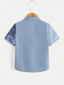 Thiếu niên Con trai Giải trí Đứng cổ áo Phong cách Trung Quốc Thực vật In Ngắn tay Áo sơ mi - Màu xanh lam - Xem 2